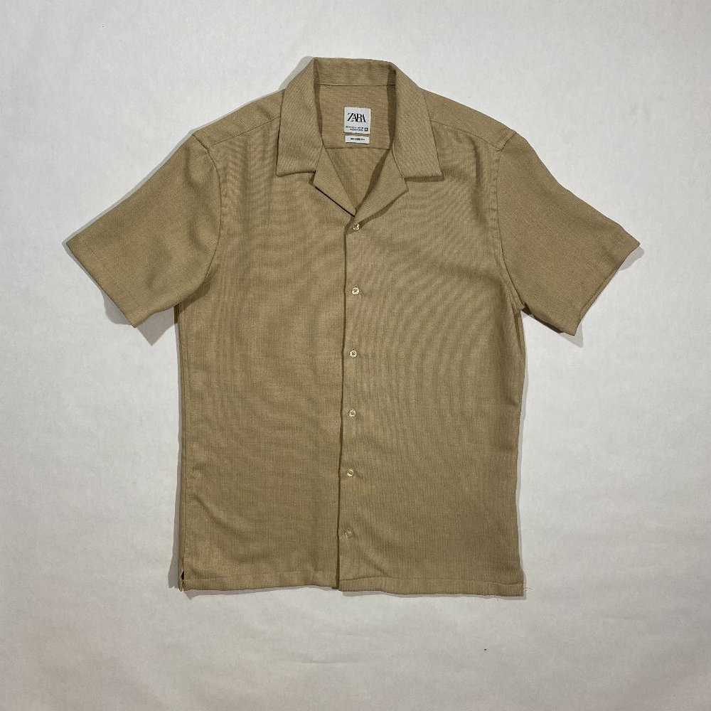 Tan Zara Cuban Short Sleeve Button Down Shirt